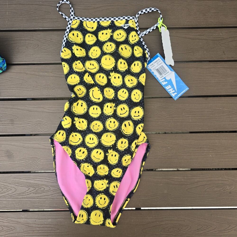 The Finals Womens Yellow Smiley Flutterback Swimsuit  Sz 30 New
